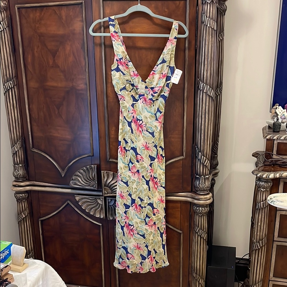 Nicole Miller Pink and Green Sheath Maxi Dress V-Neck Sleeveless